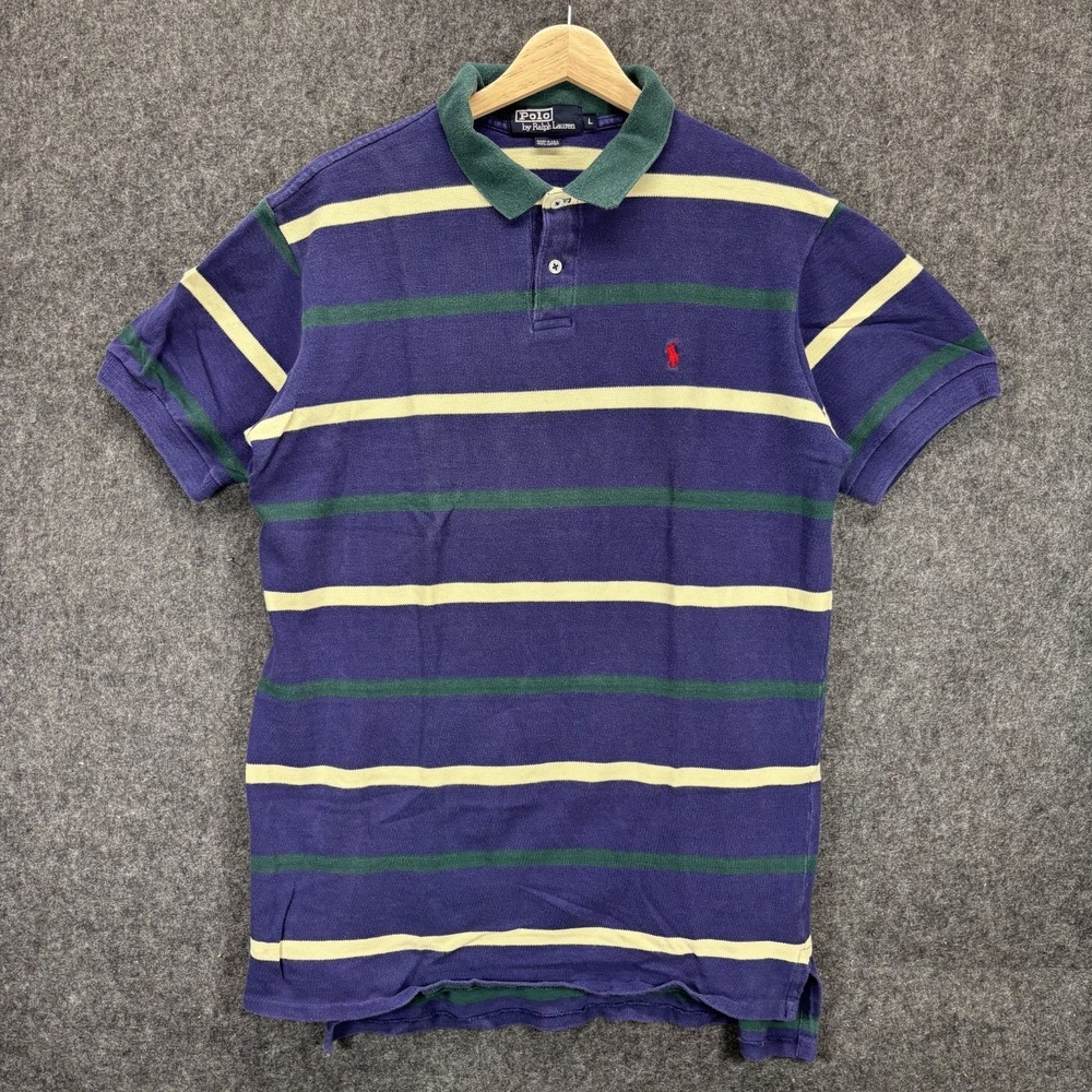 Vintage Polo Ralph Lauren Shirt Large Collar Short Sleeve USA Striped 90s Blue